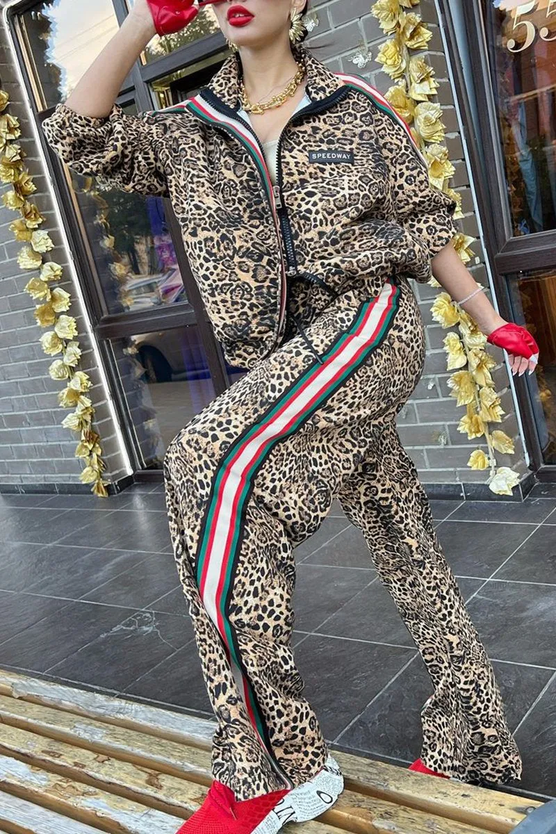Women's Leopard Print Zip-up Jacket Leopard Print Pant Suit